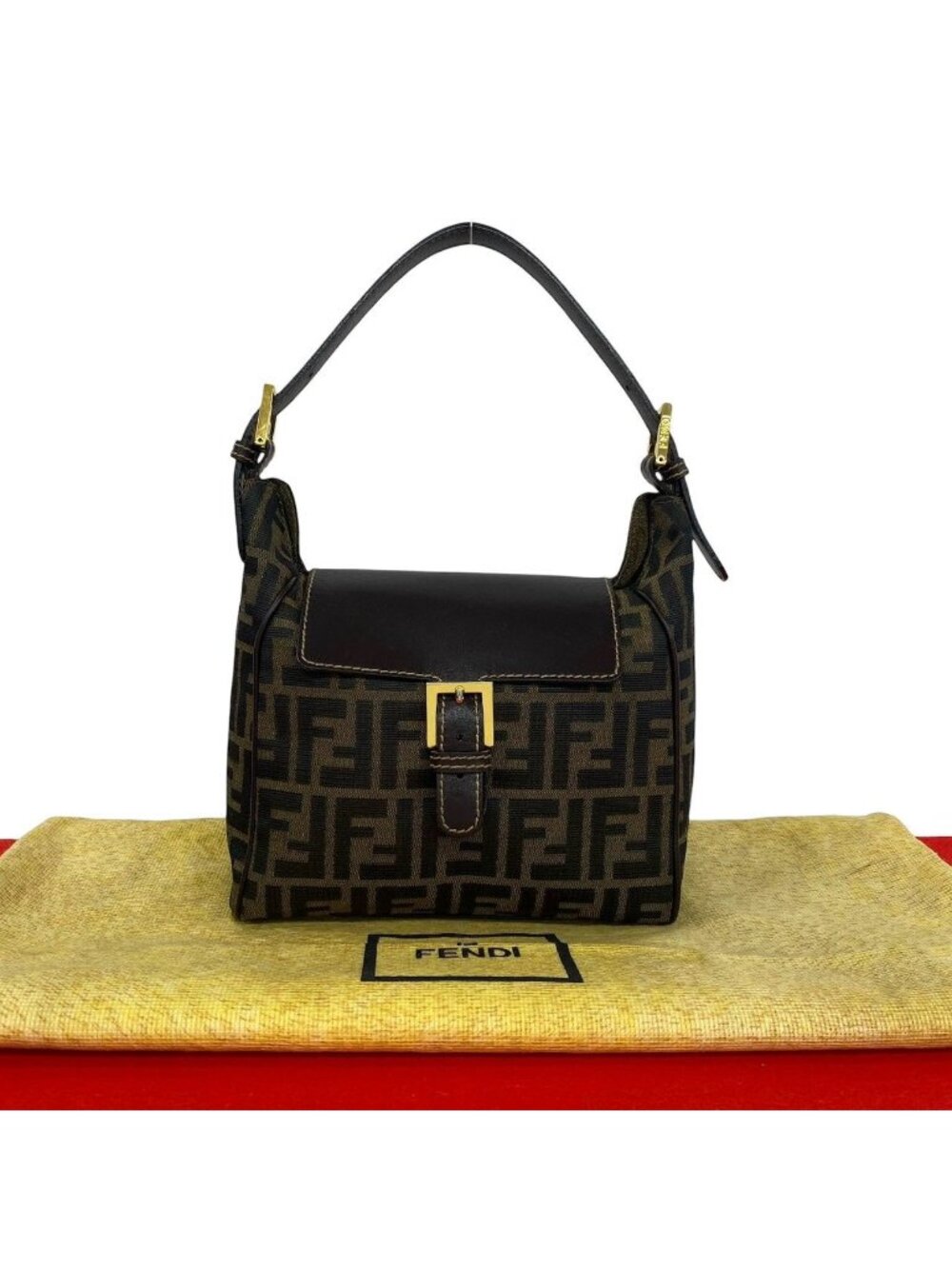 Fendi Zucca FF Pattern Canvas Leather Handbag Mini Tote Brown Black